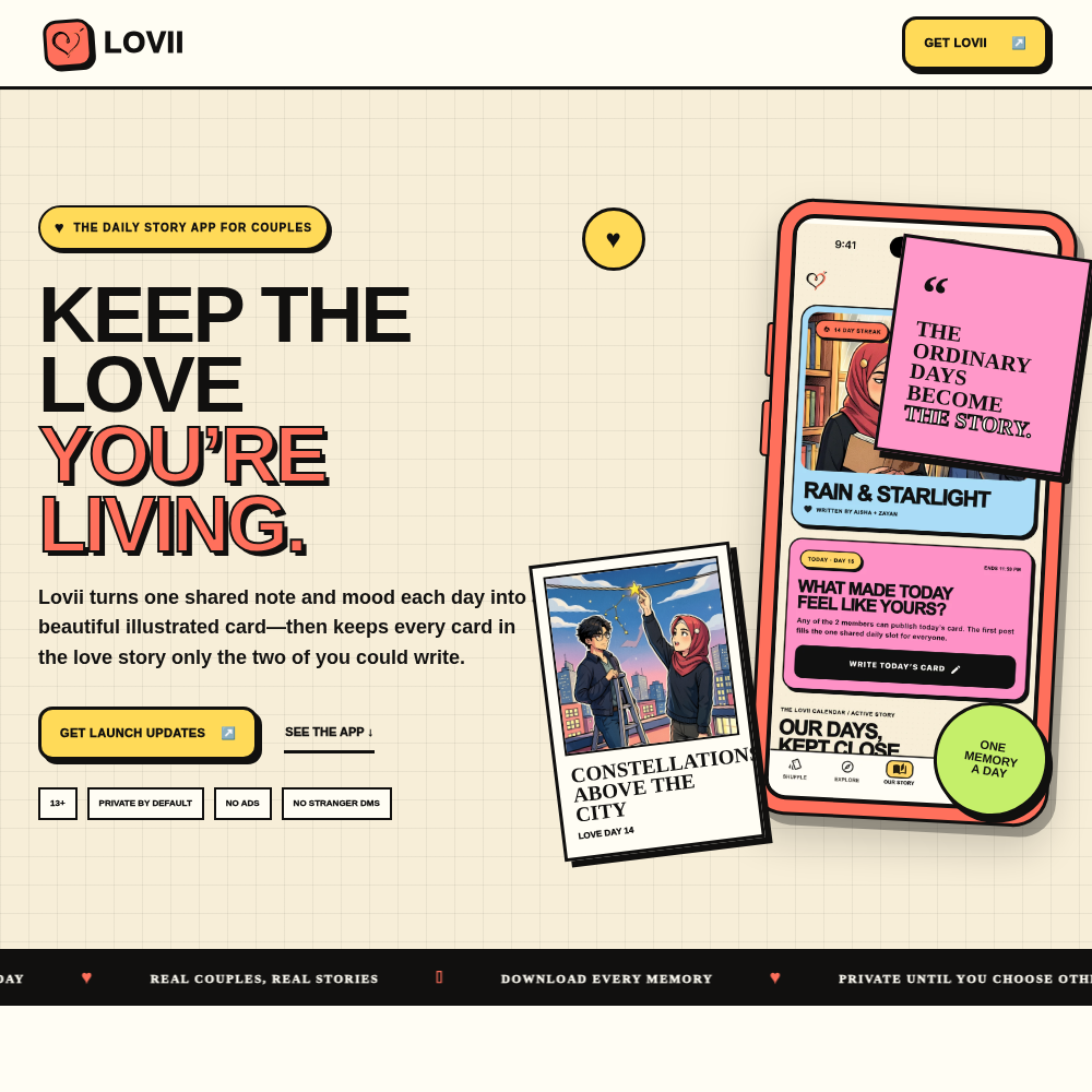 Lovii homepage hero showing the daily illustrated story app for couples